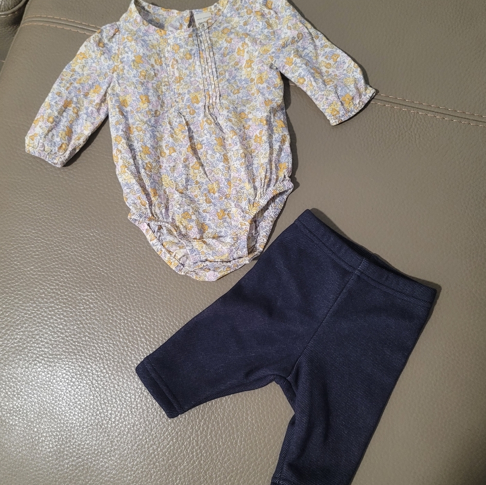 Baby girl floral long sleeve cotton onesie and fleece lined jeans